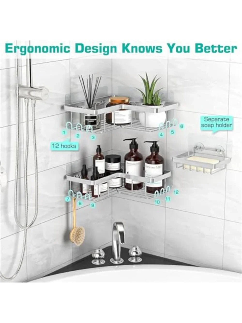 Corner Adhesive Shower Caddy, with Soap Holder and 12 Hooks, Rustproof Organizer